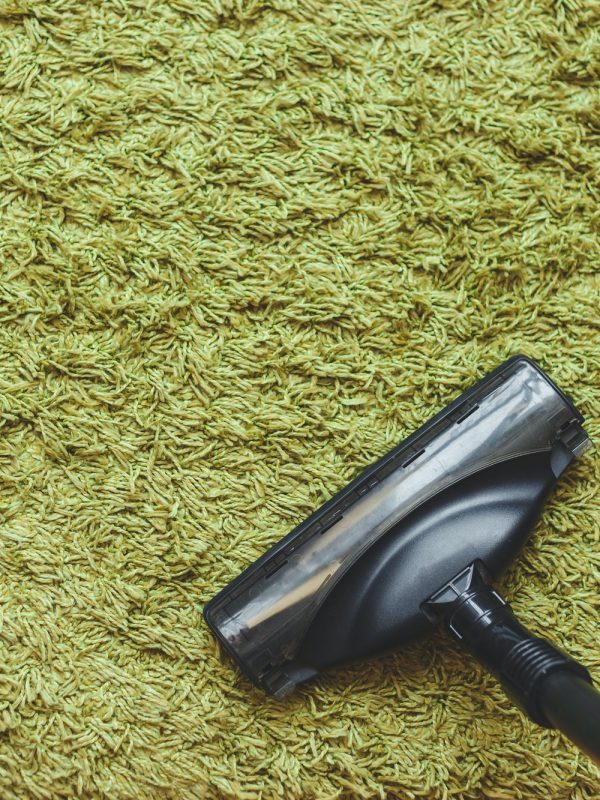 The head of a vacuum cleaner brush on the green carpet, the top view.